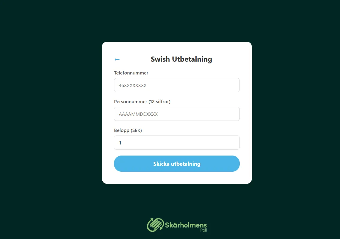 BetalPortal utbetalningsvy med godkänd Swish-betalning